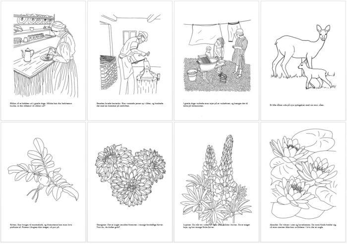 De første 8 motiver i malebogen for børn - alle er tegnet af Kreative Lise