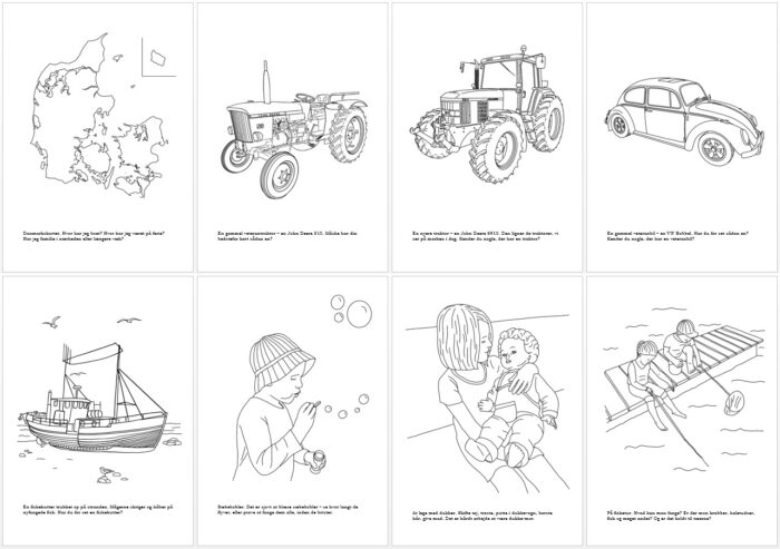 8 motiver fra malebogen for børn - alle er tegnet af Kreative Lise
