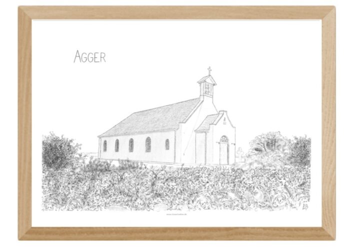 Plakater med Agger Kirke håndtegnet af Kreative Lise