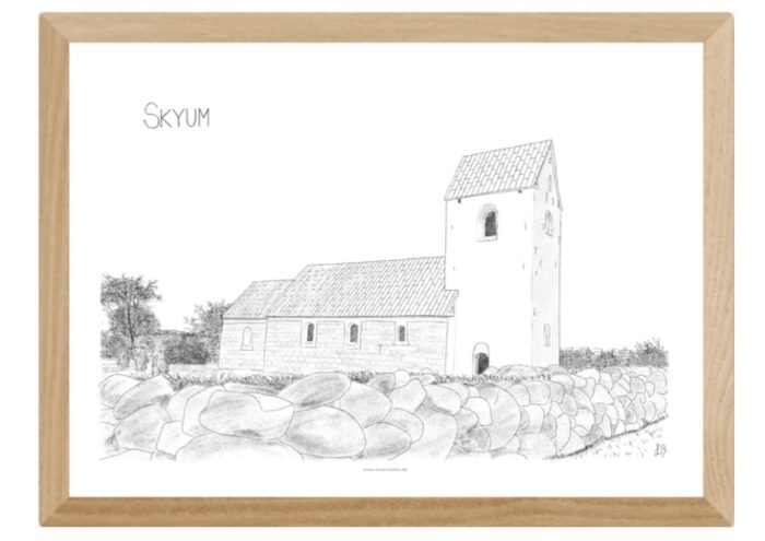 Plakat med Skyum Kirke håndtegnet af Kreative Lise