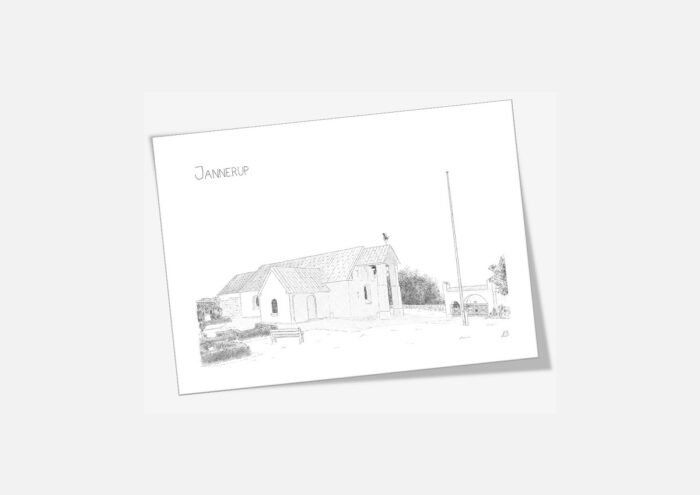 Jannerup Kirke, dobbelt kort, håndtegnet af Kreative Lise